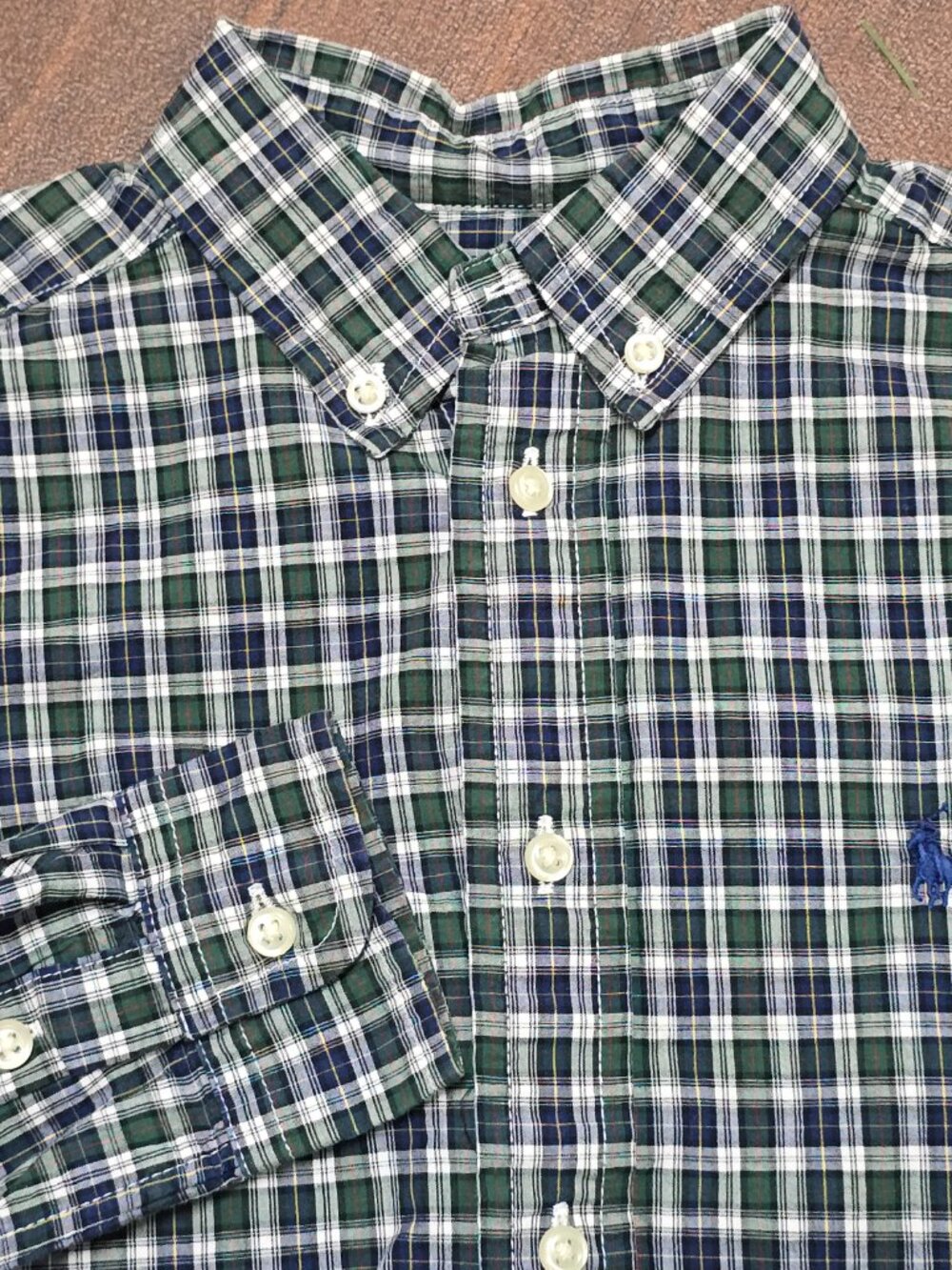 Polo Ralph Lauren Plaid Shirt Boys 7 Blue Green‎ Pony Button Down Long Sleeves